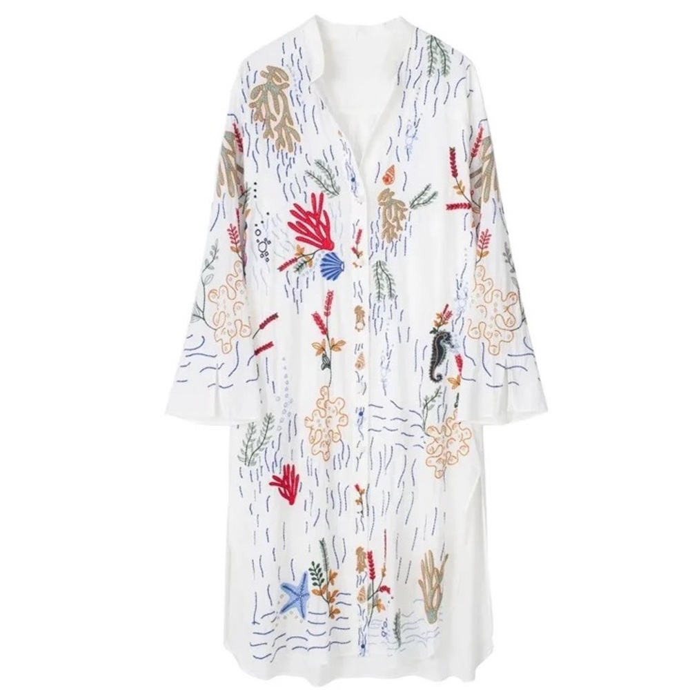 Lena Vie Embroidered Ocean Life Long Sleeve Cotton Button Down Tunic